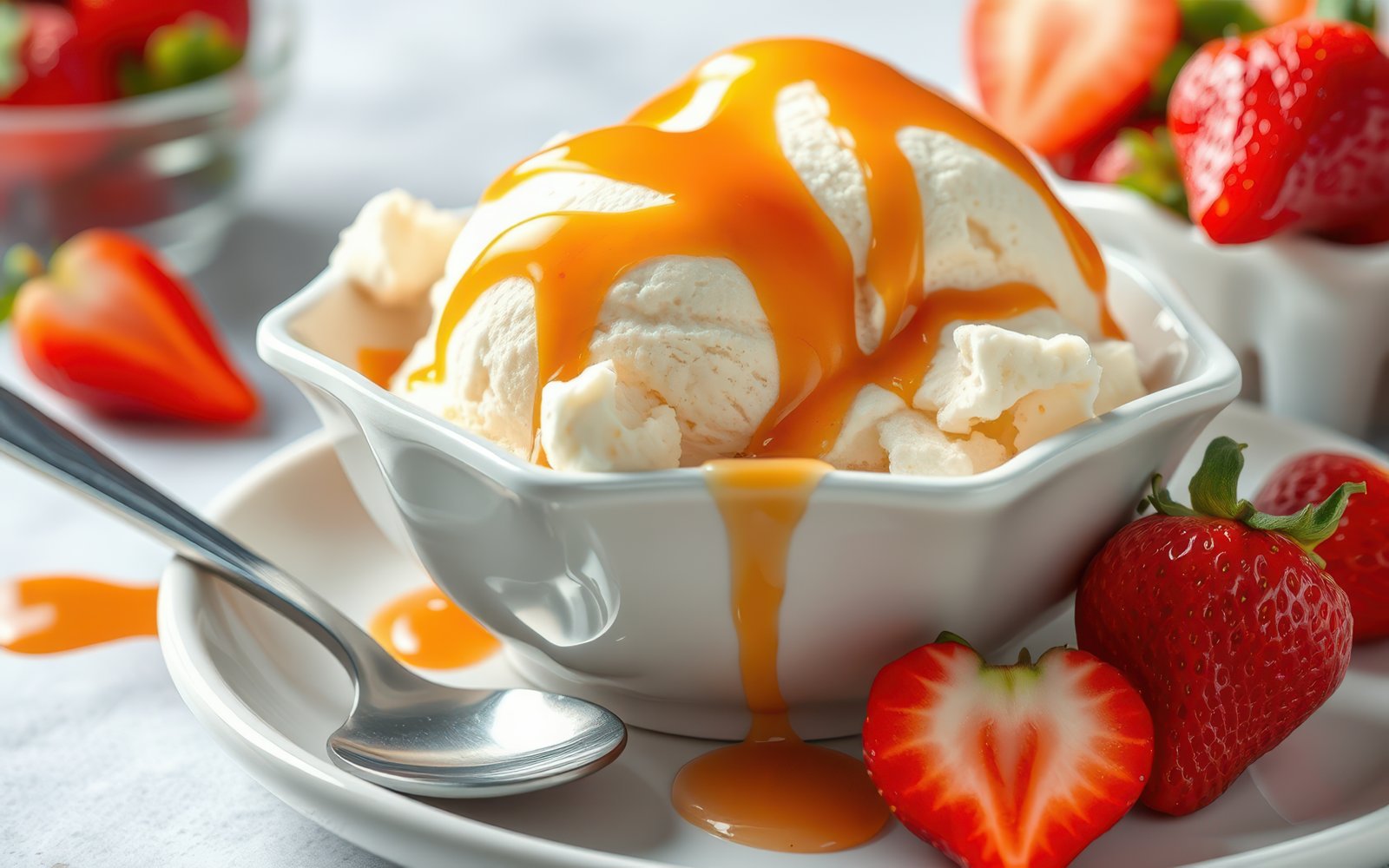 A bowl of vanilla ice cream topped with caramel sauce and fresh strawberries, perfect for a summer treat
